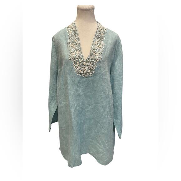 Lafayette 148 New York Tops - Lafayette 148 Womens Blue White beaded Long sleeve blouse size 18